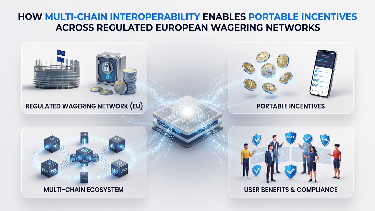 Illustration von portablen Incentive-Token, die über regulierte europäische Wettnetzwerke fließen