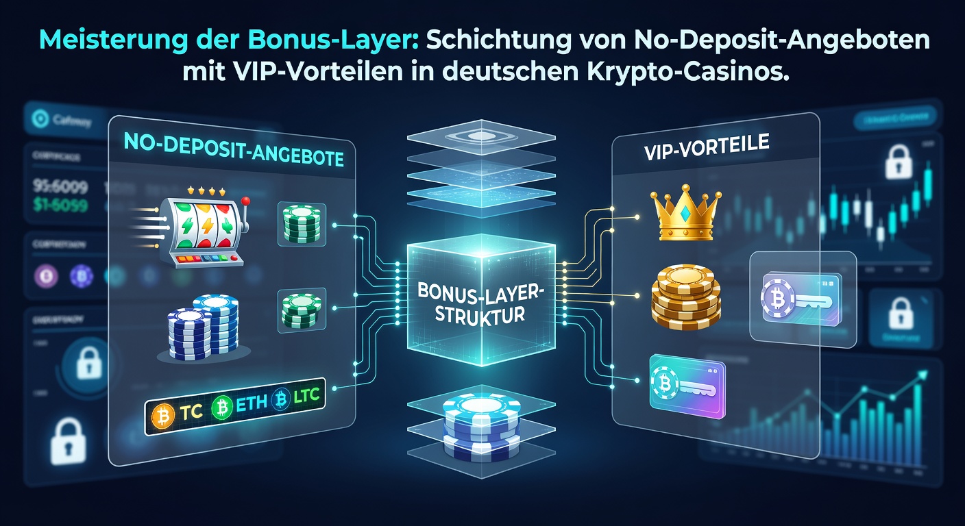 Grafik zur Strategie des Bonus-Layerings, zeigt Stapelung von No-Deposit-Boni und VIP-Vorteilen mit Krypto-Wallets